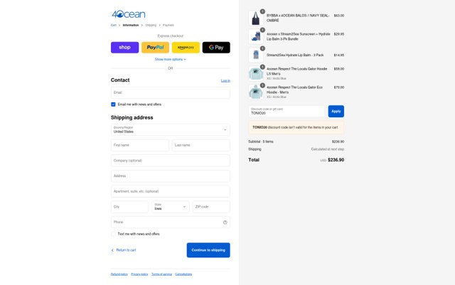 4ocean checkout page showing 4ocean promo code box | Screenshot taken by SimplyCodes community member on Sep 5, 2025