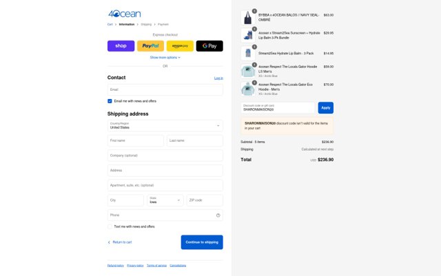 4ocean checkout page showing 4ocean promo code box | Screenshot taken by SimplyCodes community member on Sep 5, 2025
