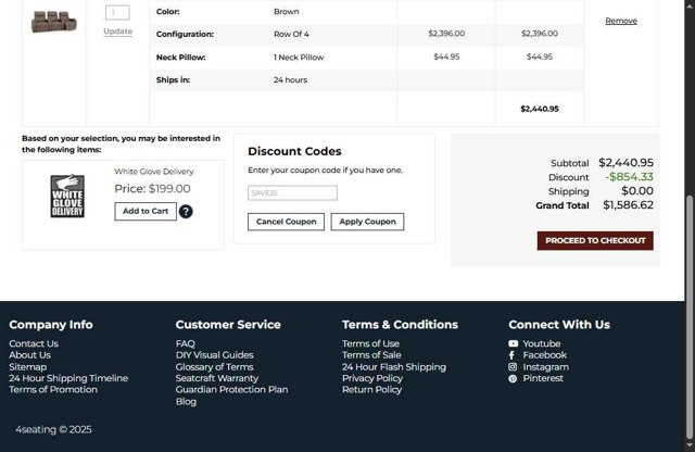 4Seating checkout page showing 4Seating coupon code box | Screenshot taken by SimplyCodes community member on Jun 30, 2025
