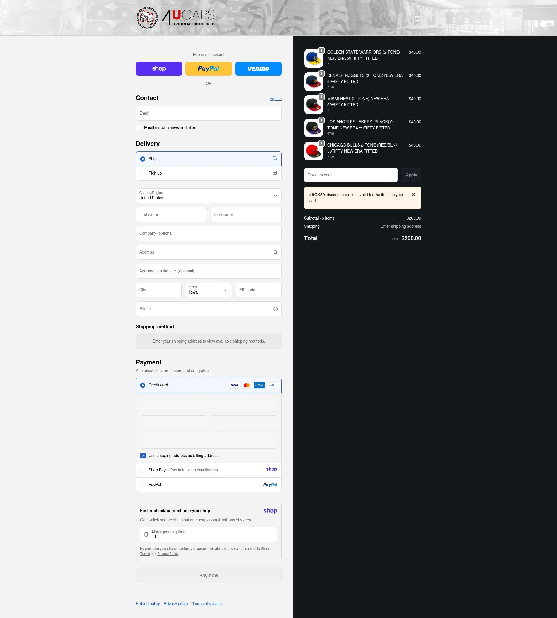 4U Caps checkout page showing 4U Caps promo code box | Screenshot taken by SimplyCodes community member on Jan 13, 2026