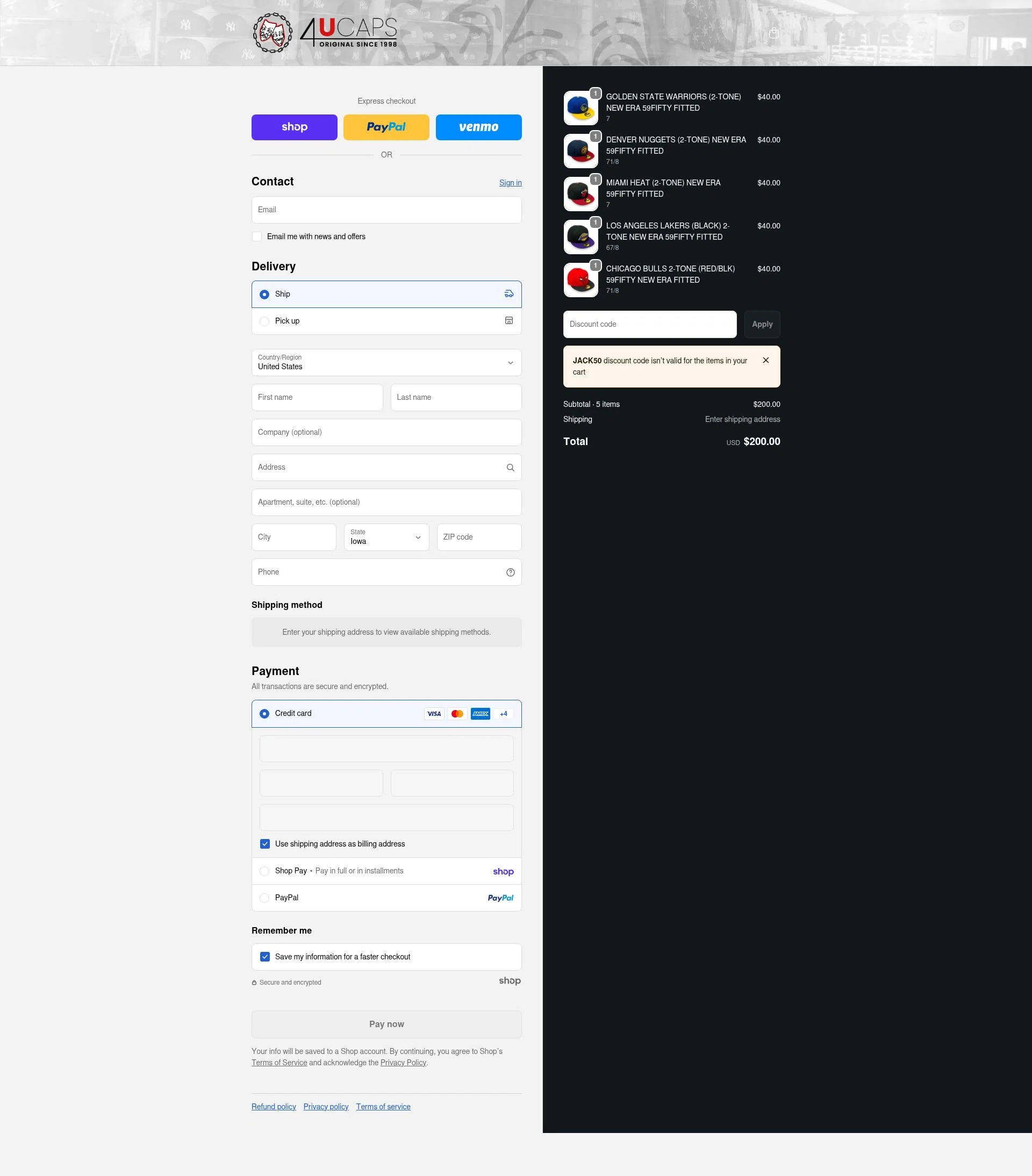 4U Caps checkout page showing 4U Caps promo code box | Screenshot taken by SimplyCodes community member on Jan 23, 2026