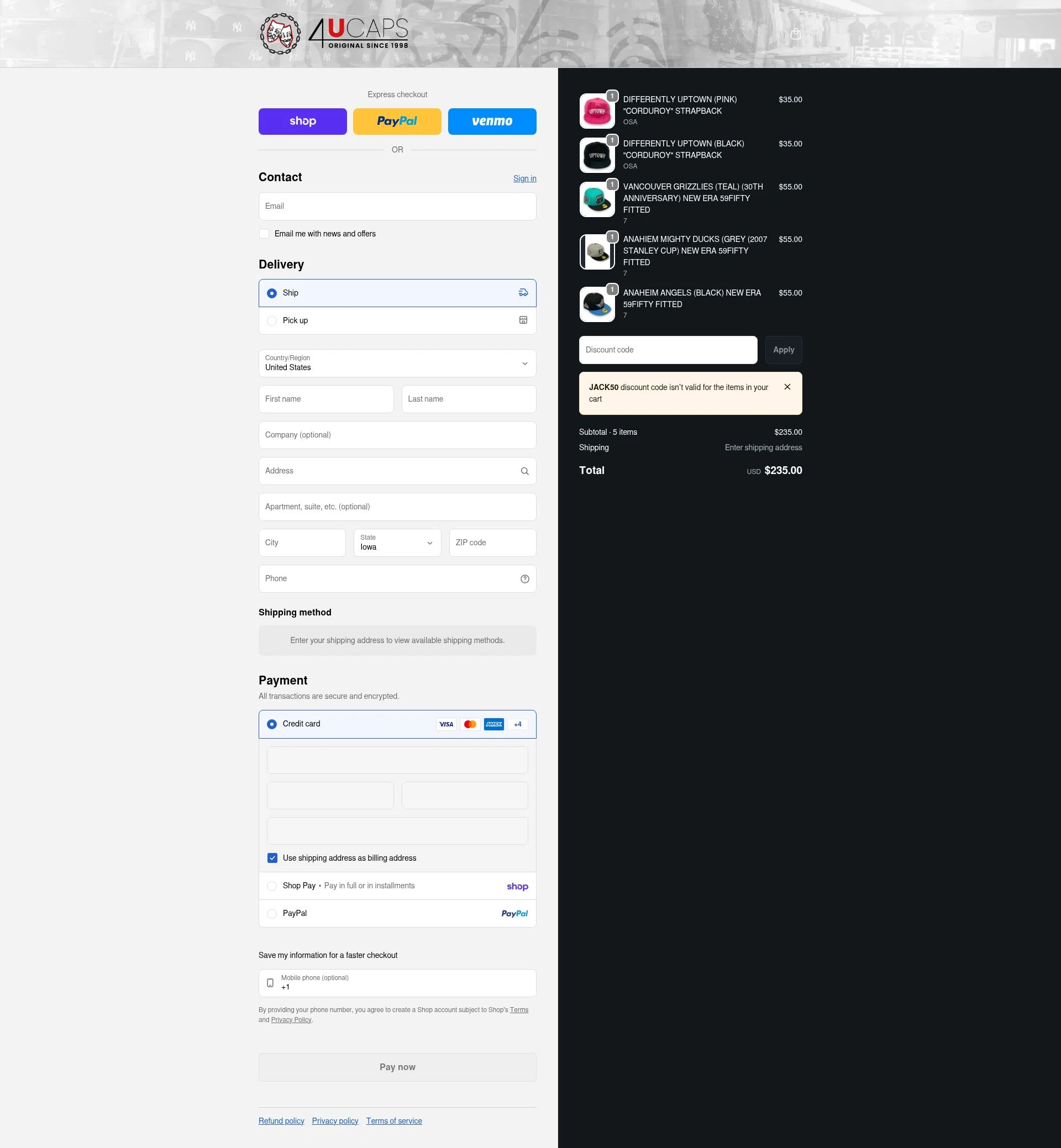 4U Caps checkout page showing 4U Caps promo code box | Screenshot taken by SimplyCodes community member on Feb 1, 2026