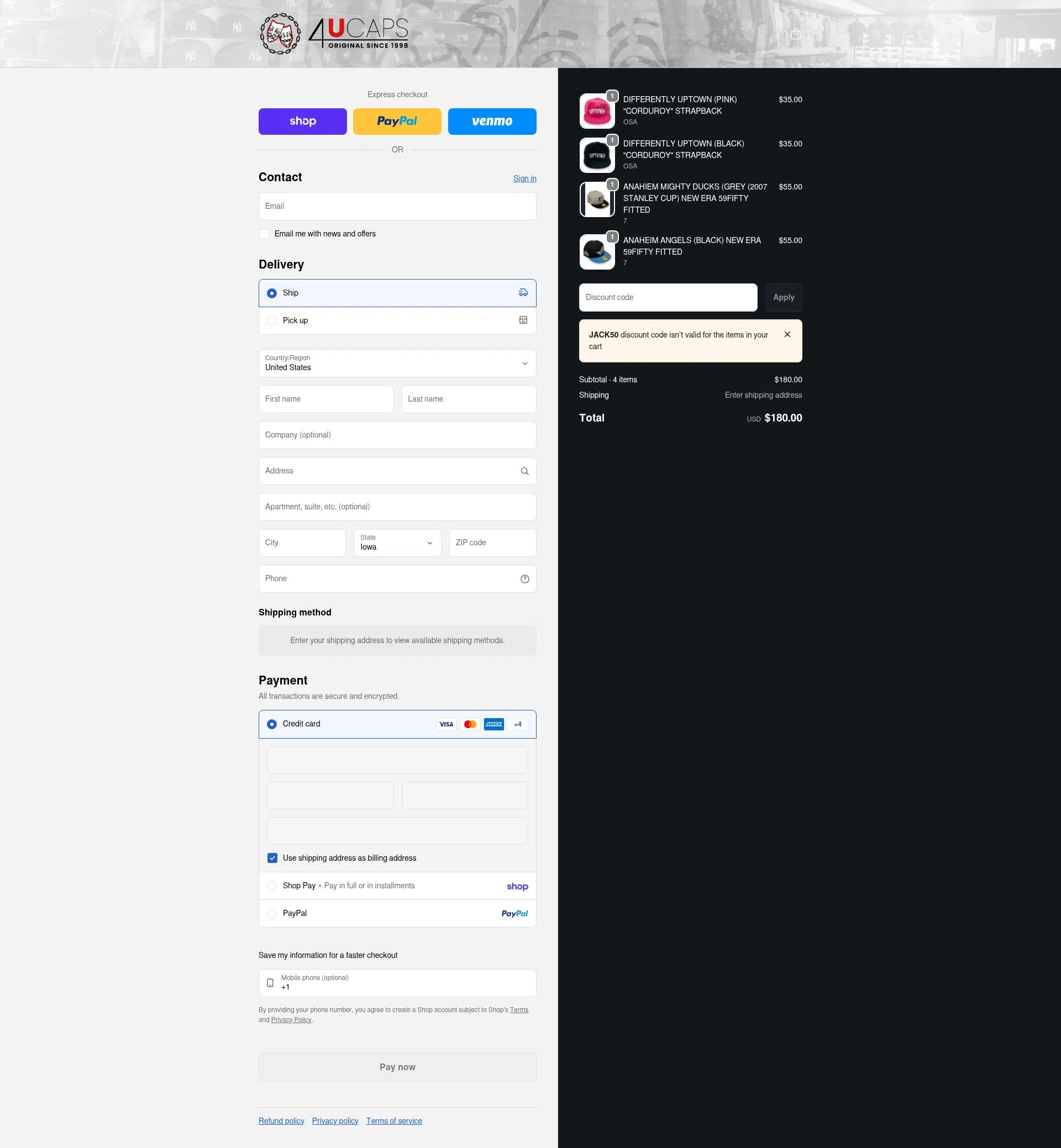 4U Caps checkout page showing 4U Caps promo code box | Screenshot taken by SimplyCodes community member on Feb 19, 2026