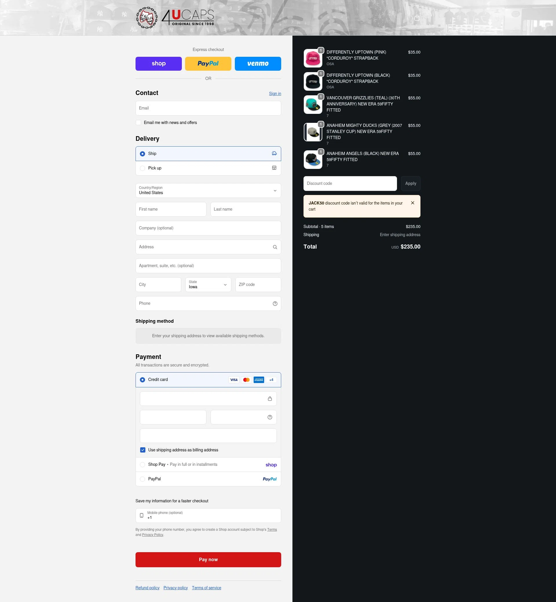 4U Caps checkout page showing 4U Caps promo code box | Screenshot taken by SimplyCodes community member on Feb 8, 2026