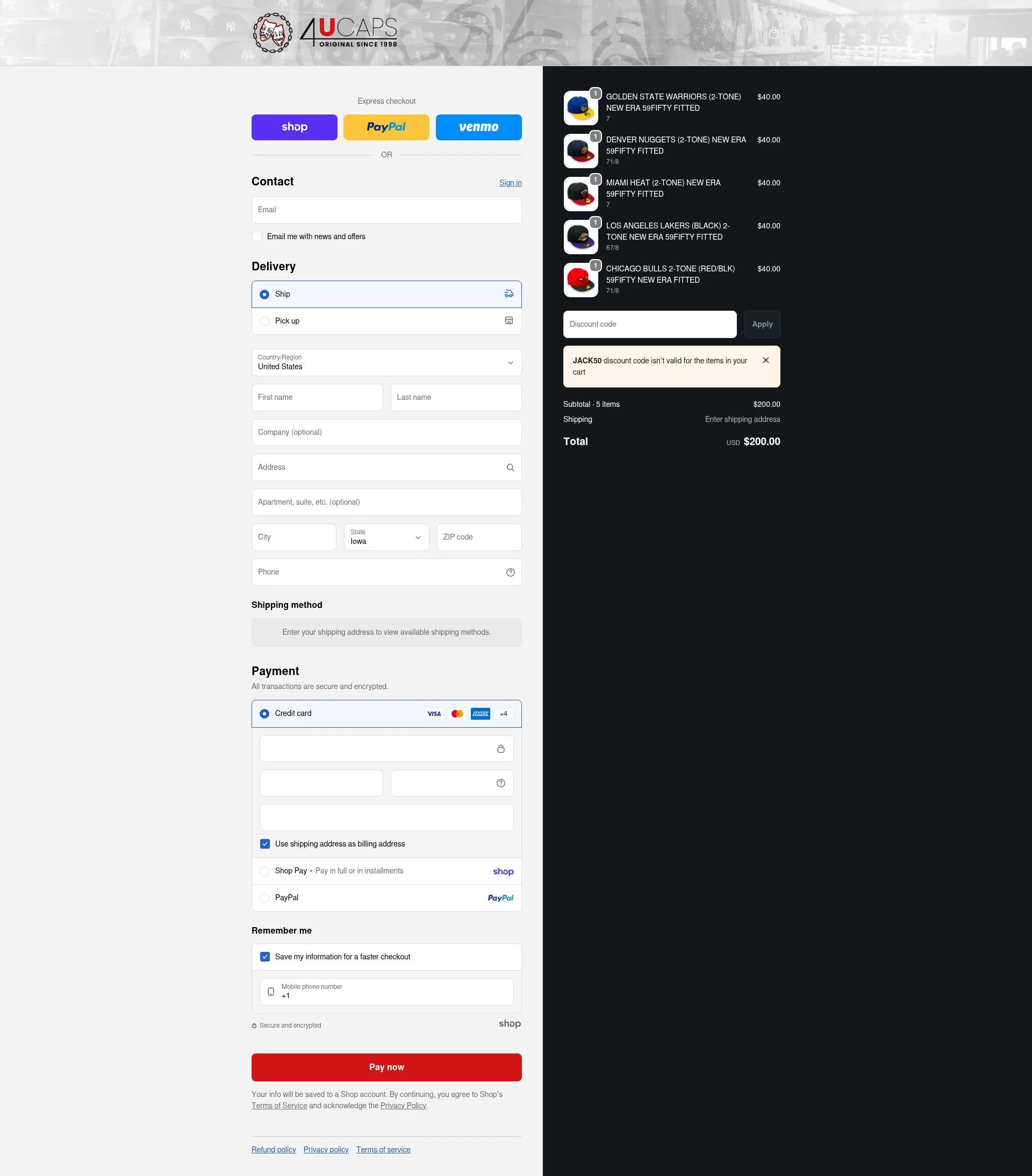 4U Caps checkout page showing 4U Caps promo code box | Screenshot taken by SimplyCodes community member on Jan 28, 2026