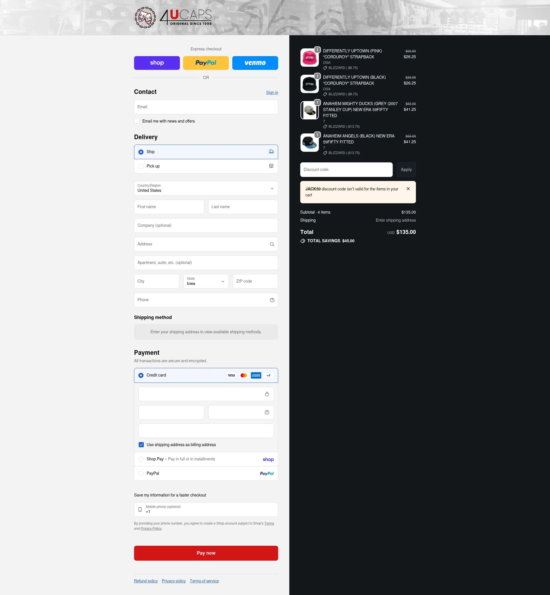 4U Caps checkout page showing 4U Caps promo code box | Screenshot taken by SimplyCodes community member on Feb 24, 2026