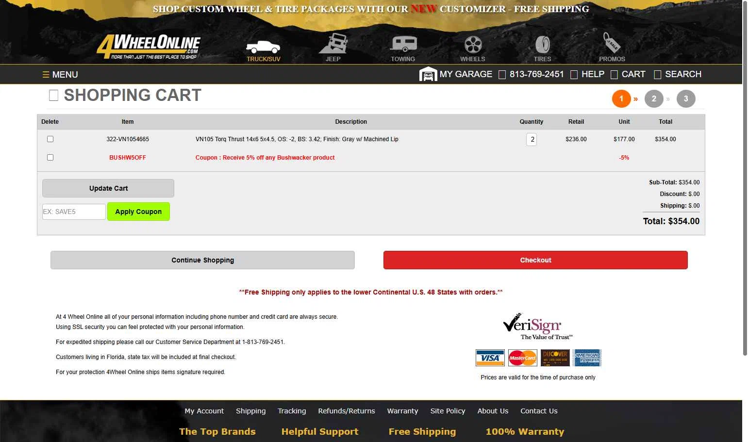 4 Wheel Online checkout page showing 4 Wheel Online coupon code box | Screenshot taken by SimplyCodes community member on Jul 23, 2025