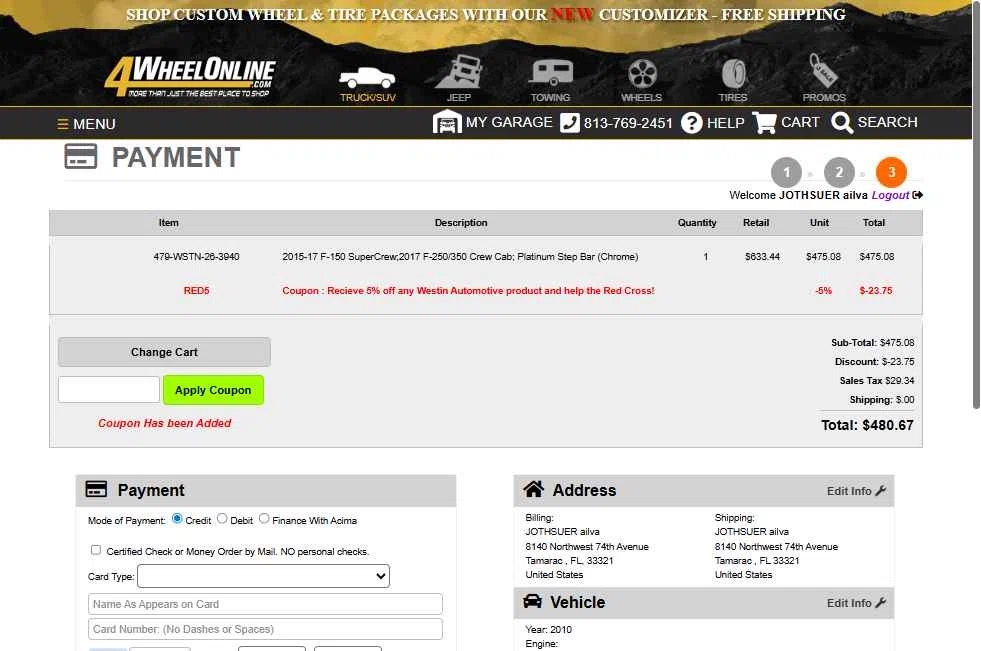 4 Wheel Online checkout page showing 4 Wheel Online coupon code box | Screenshot taken by SimplyCodes community member on Jul 21, 2025