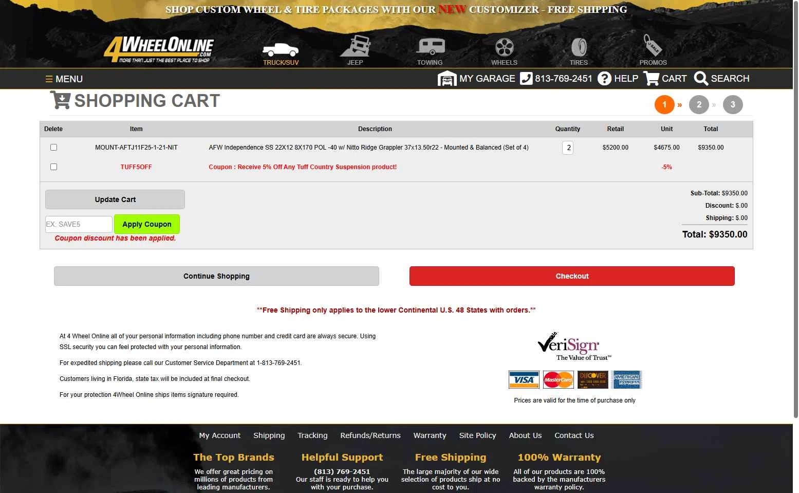 4 Wheel Online checkout page showing 4 Wheel Online coupon code box | Screenshot taken by SimplyCodes community member on Aug 11, 2025