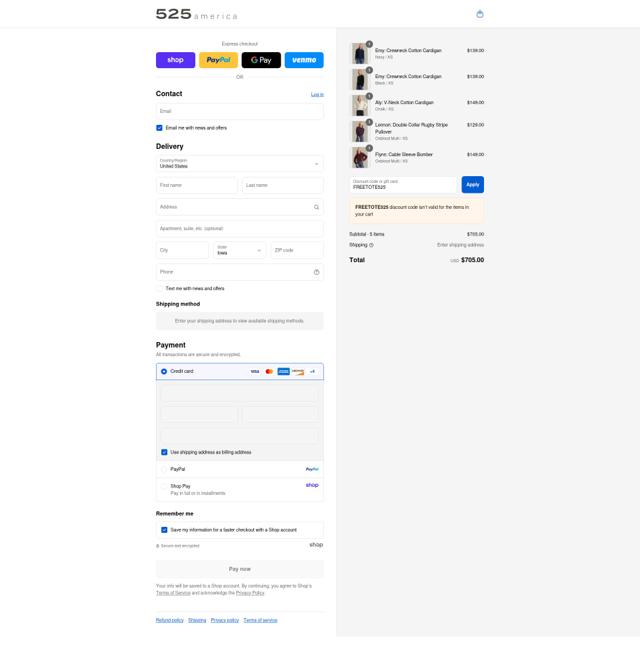 525 America checkout page showing 525 America promo code box | Screenshot taken by SimplyCodes community member on Sep 8, 2025