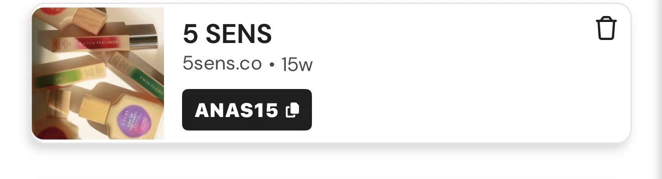 5 SENS promo code screenshot showing code ANAS15 applied at 5 SENS checkout page. Uploaded by SimplyCodes community member FortunatePro9173 on Dec 5, 2025