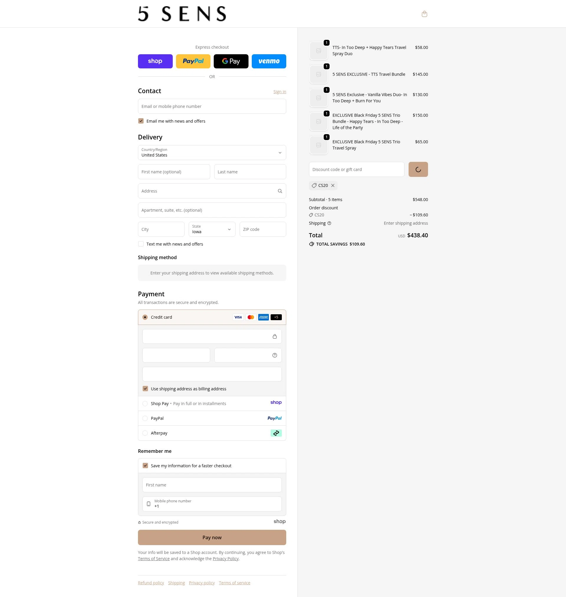 5 SENS checkout page showing 5 SENS promo code box | Screenshot taken by SimplyCodes community member on Jan 8, 2026