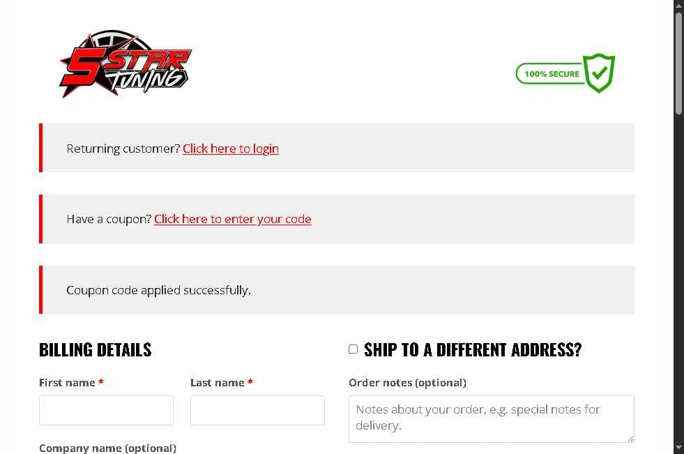5 Star Tuning checkout page showing 5 Star Tuning coupon code box | Screenshot taken by SimplyCodes community member on Jan 25, 2026