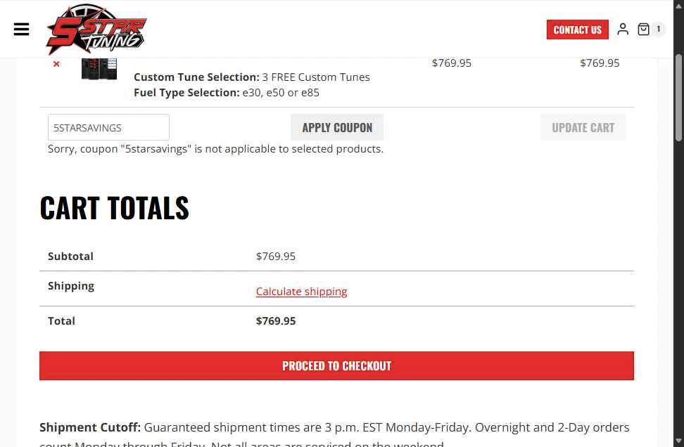 5 Star Tuning checkout page showing 5 Star Tuning coupon code box | Screenshot taken by SimplyCodes community member on Jan 15, 2026