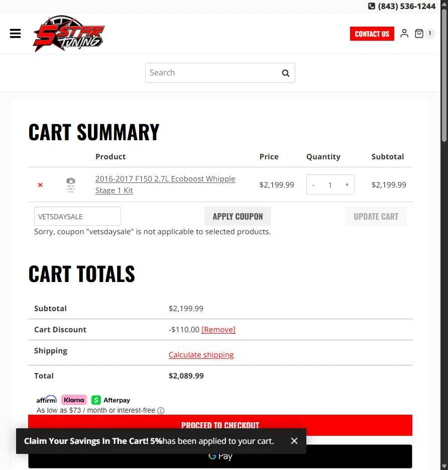 5 Star Tuning checkout page showing 5 Star Tuning coupon code box | Screenshot taken by SimplyCodes community member on Dec 17, 2025