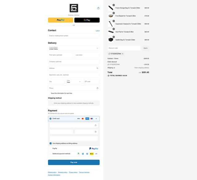5th Wheel eBike checkout page showing 5th Wheel eBike promo code box | Screenshot taken by SimplyCodes community member on Jul 18, 2025