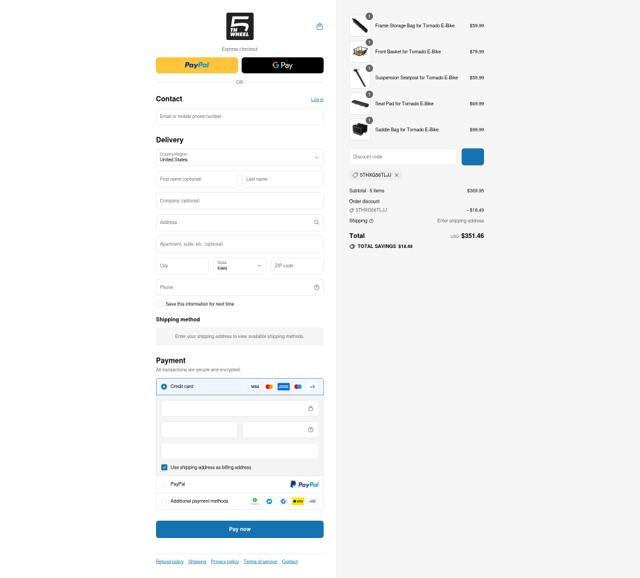 5th Wheel eBike checkout page showing 5th Wheel eBike promo code box | Screenshot taken by SimplyCodes community member on Jul 26, 2025