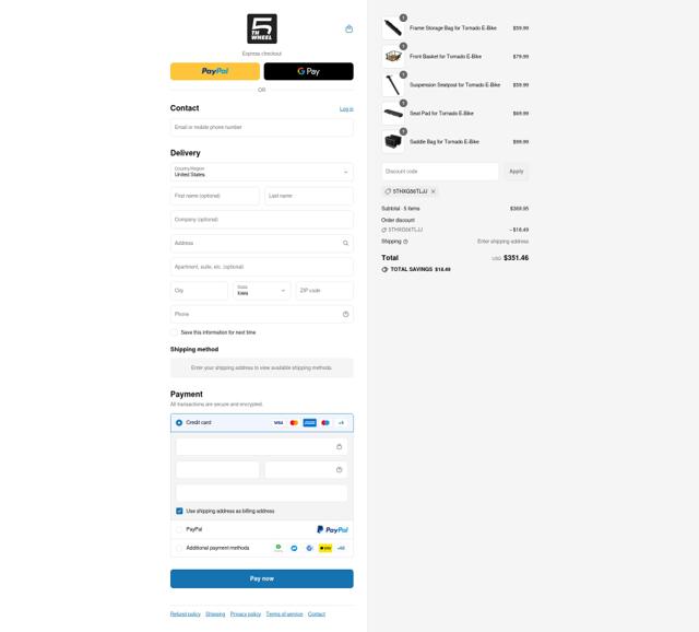 5th Wheel eBike checkout page showing 5th Wheel eBike promo code box | Screenshot taken by SimplyCodes community member on Jul 31, 2025