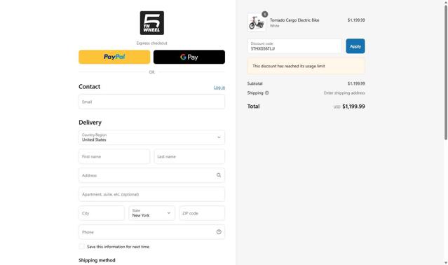 5th Wheel eBike checkout page showing 5th Wheel eBike promo code box | Screenshot taken by SimplyCodes community member on Aug 12, 2025