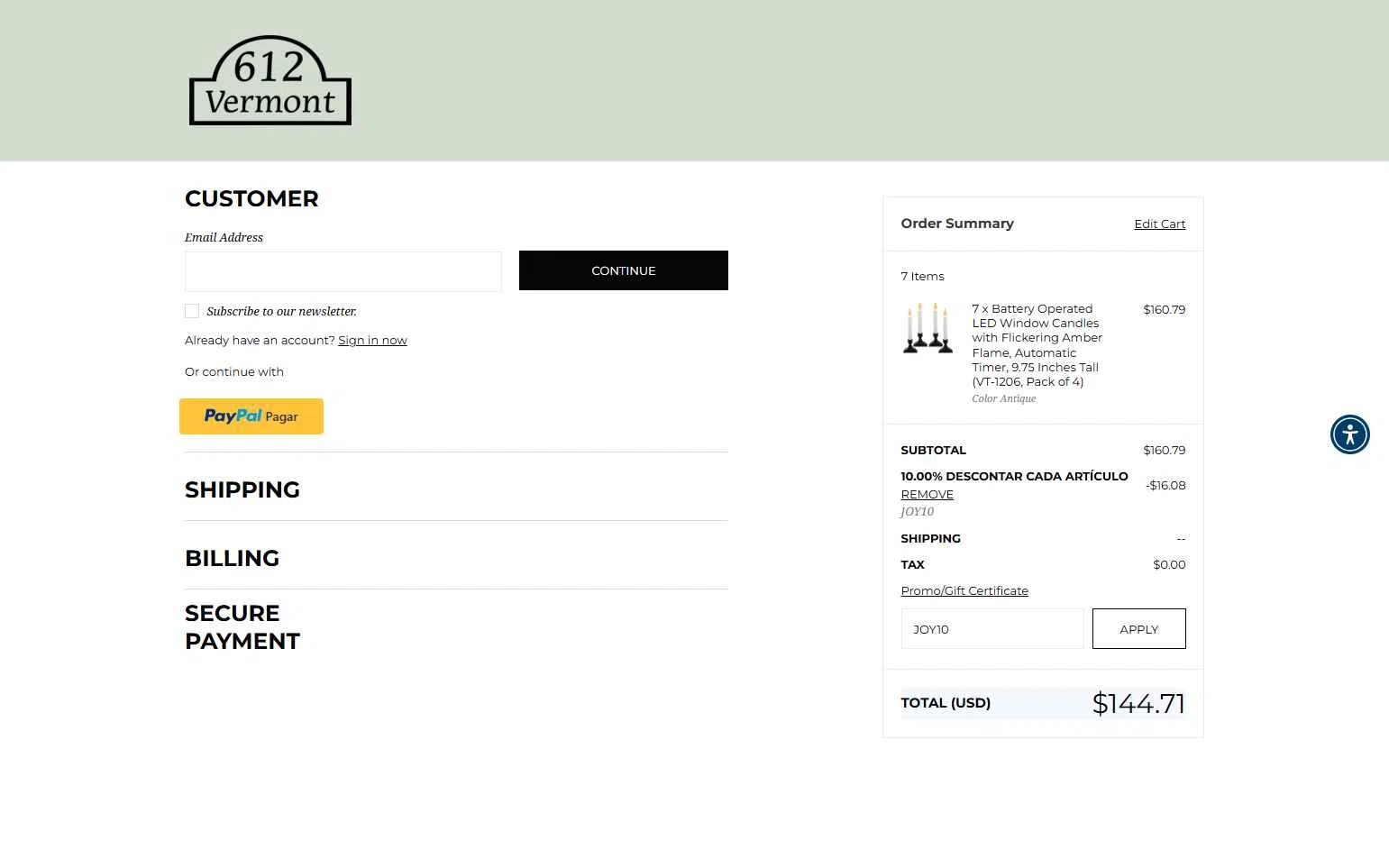 612 Vermont checkout page showing 612 Vermont coupon code box | Screenshot taken by SimplyCodes community member on Nov 19, 2025