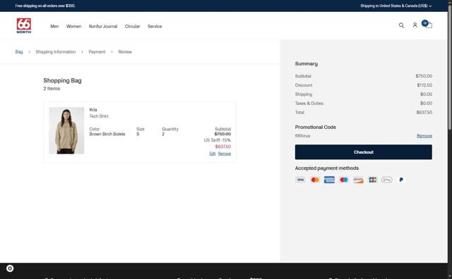 66 North checkout page showing 66 North discount code box | Screenshot taken by SimplyCodes community member on Jun 16, 2025