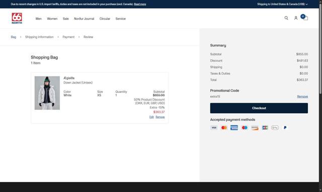 66 North checkout page showing 66 North discount code box | Screenshot taken by SimplyCodes community member on Jul 29, 2025