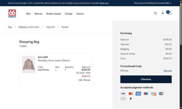 66 North checkout page showing 66 North discount code box | Screenshot taken by SimplyCodes community member on Aug 4, 2025