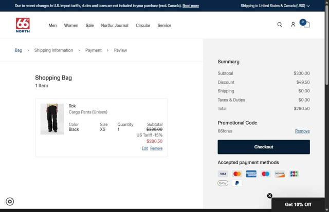 66 North checkout page showing 66 North discount code box | Screenshot taken by SimplyCodes community member on Jul 17, 2025