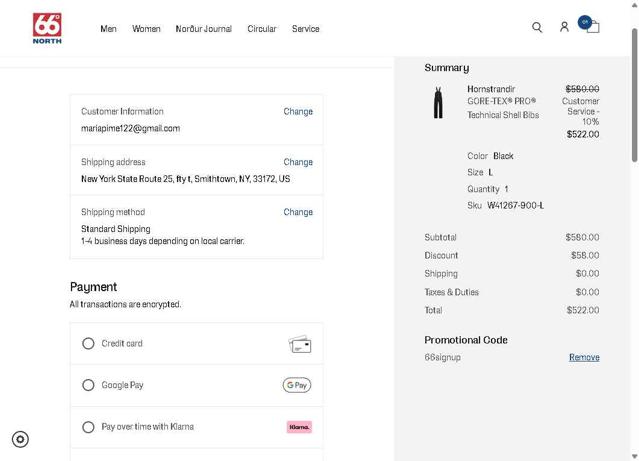 66 North checkout page showing 66 North discount code box | Screenshot taken by SimplyCodes community member on Jun 7, 2025