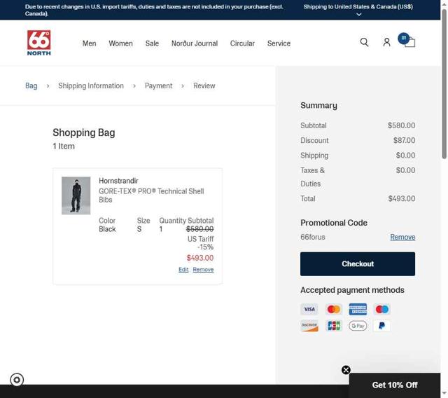 66 North checkout page showing 66 North discount code box | Screenshot taken by SimplyCodes community member on Jul 17, 2025