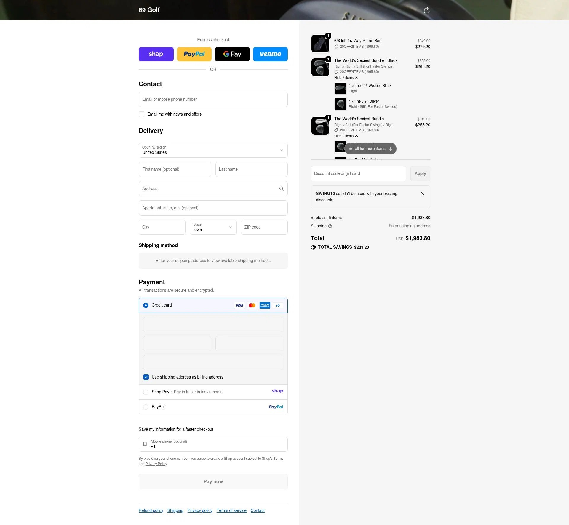 69 Golf checkout page showing 69 Golf discount code box | Screenshot taken by SimplyCodes community member on Jan 18, 2026
