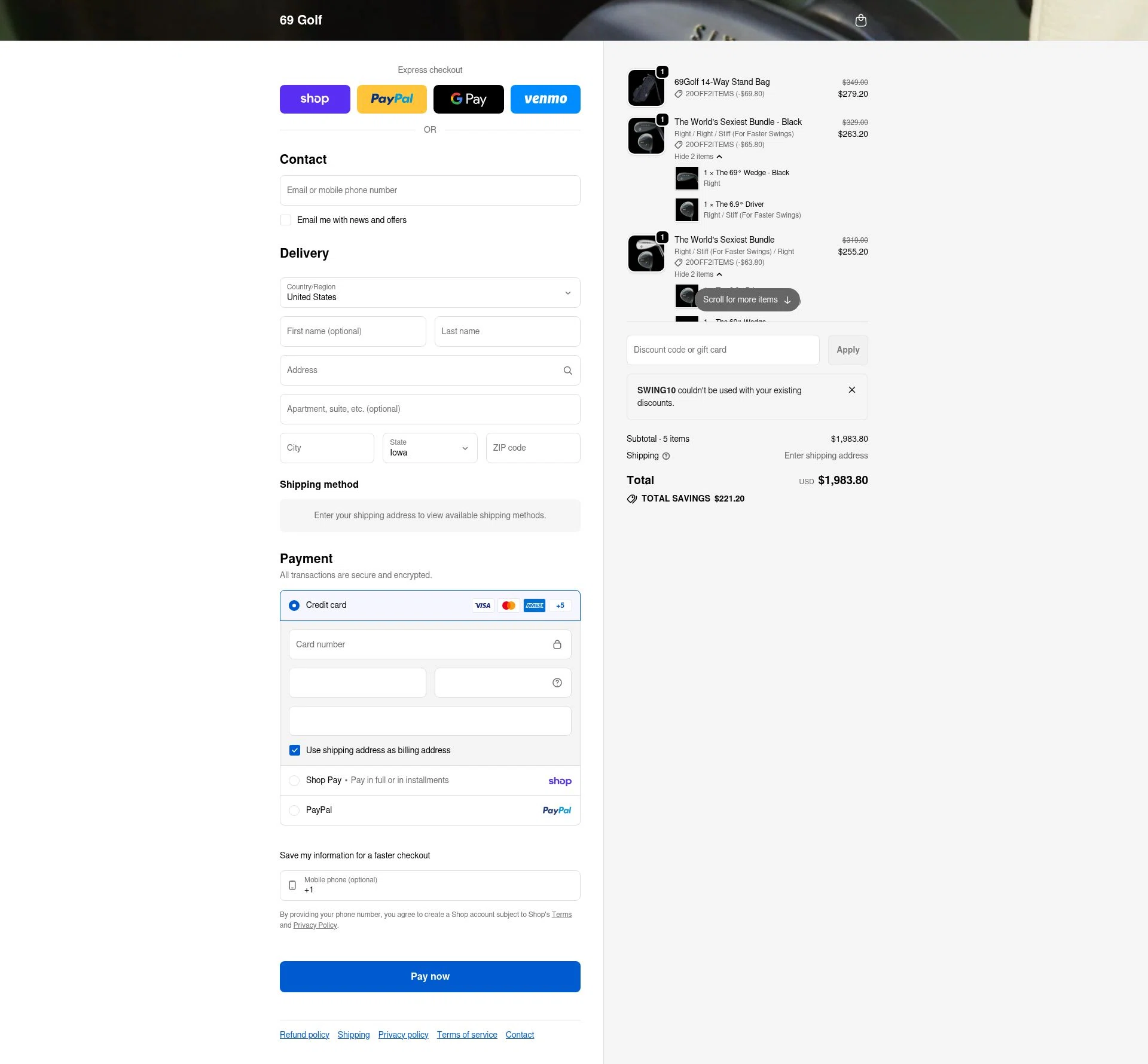 69 Golf checkout page showing 69 Golf discount code box | Screenshot taken by SimplyCodes community member on Feb 1, 2026