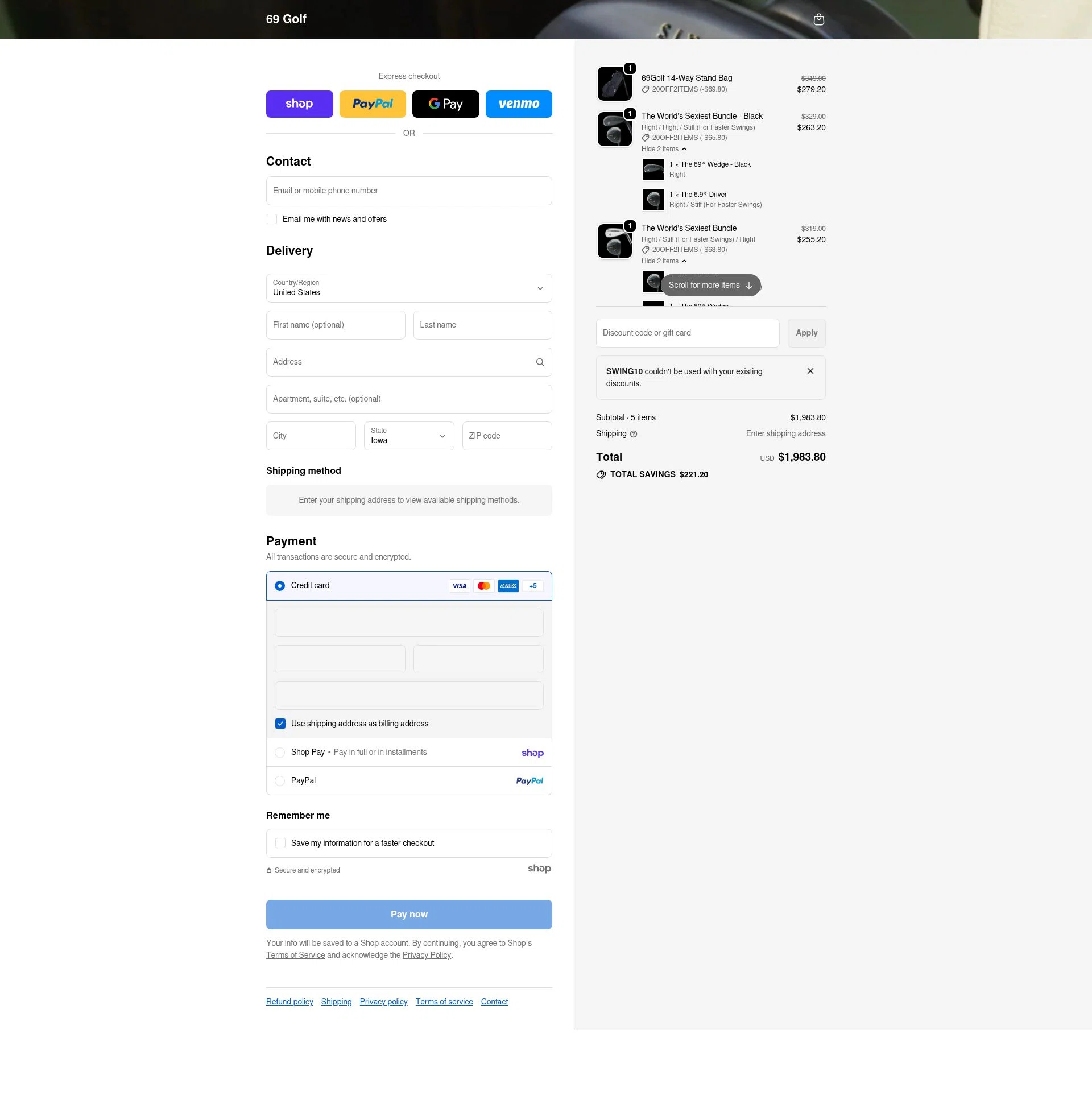 69 Golf checkout page showing 69 Golf discount code box | Screenshot taken by SimplyCodes community member on Jan 23, 2026