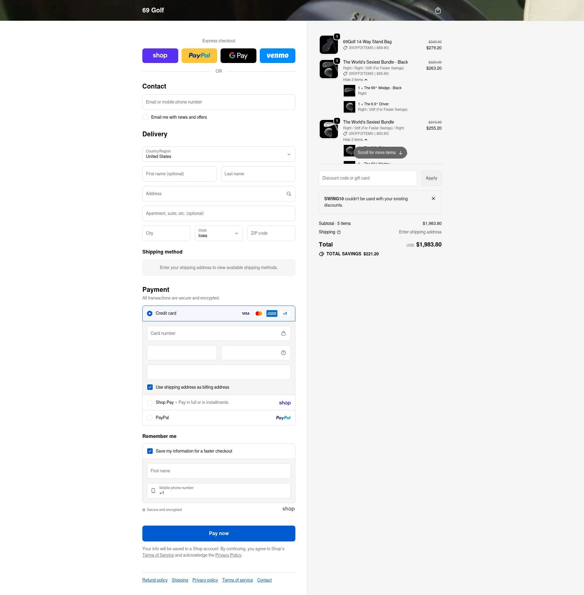69 Golf checkout page showing 69 Golf discount code box | Screenshot taken by SimplyCodes community member on Jan 27, 2026