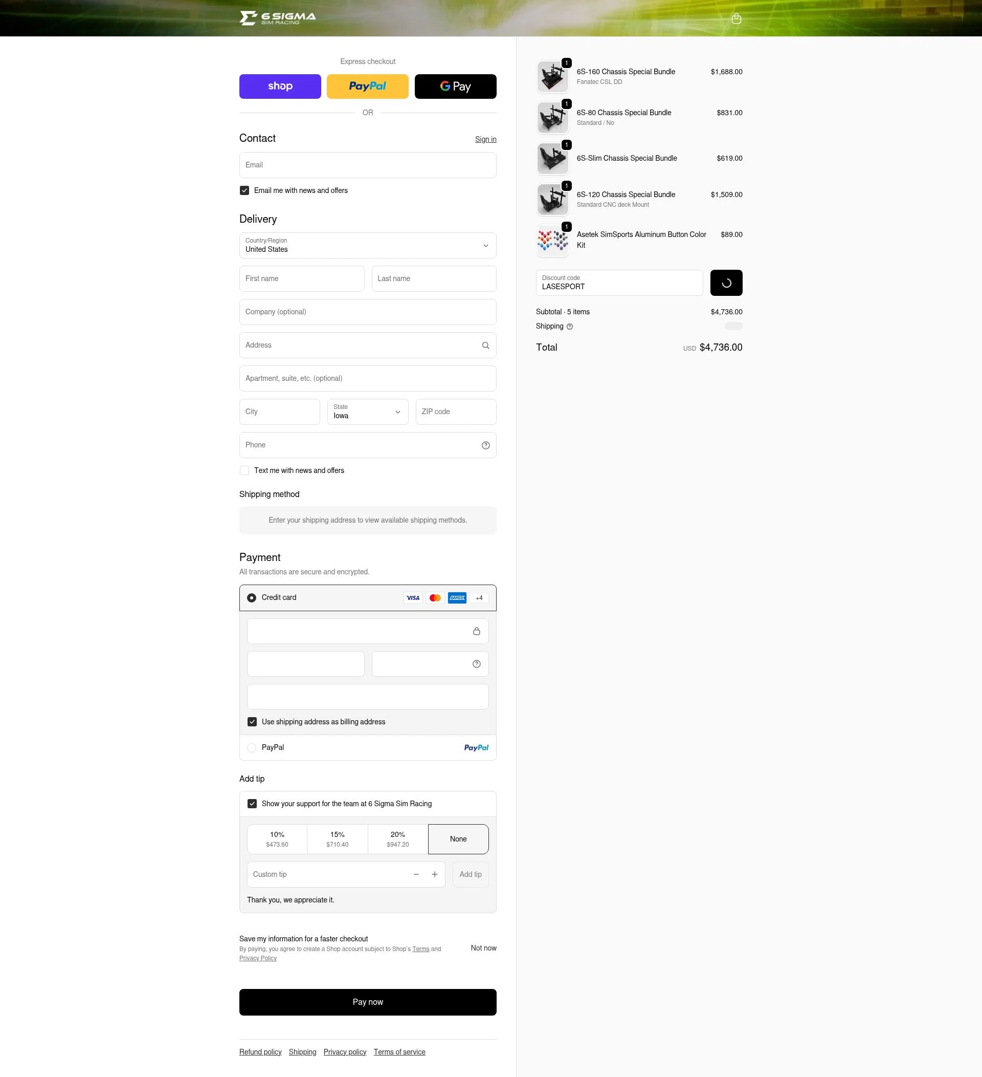 6 Sigma Sim Racing checkout page showing 6 Sigma Sim Racing discount code box | Screenshot taken by SimplyCodes community member on Feb 17, 2026