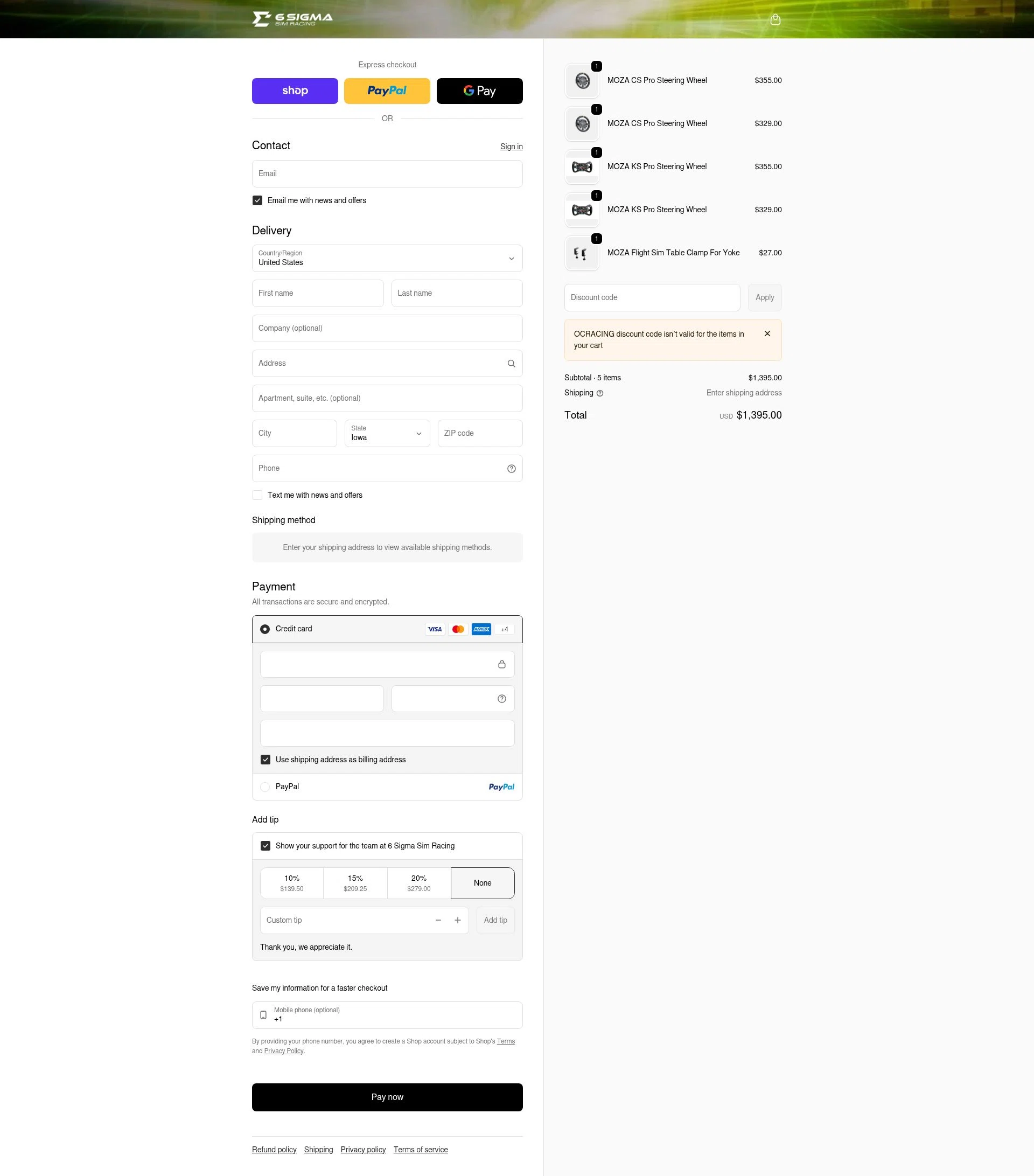 6 Sigma Sim Racing checkout page showing 6 Sigma Sim Racing discount code box | Screenshot taken by SimplyCodes community member on Feb 8, 2026