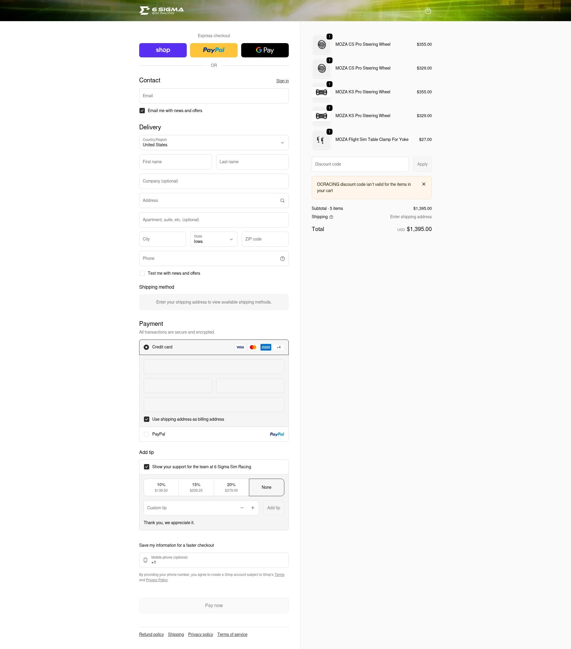 6 Sigma Sim Racing checkout page showing 6 Sigma Sim Racing discount code box | Screenshot taken by SimplyCodes community member on Jan 30, 2026