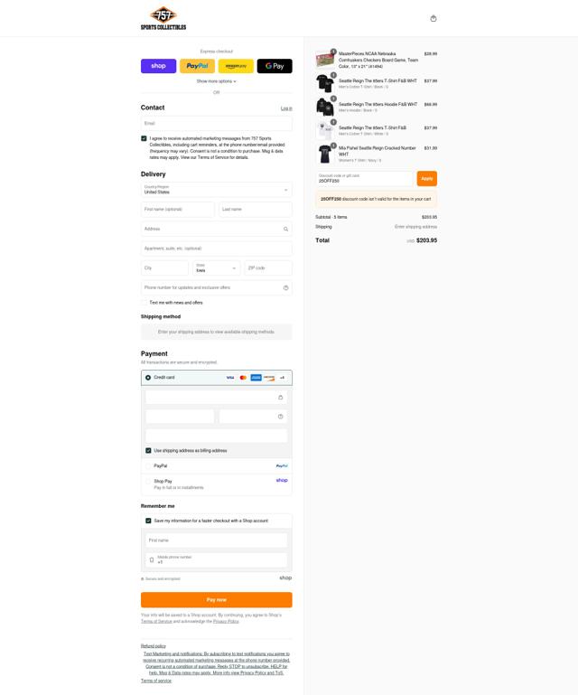 757 Sports Collectibles checkout page showing 757 Sports Collectibles promo code box | Screenshot taken by SimplyCodes community member on Sep 8, 2025