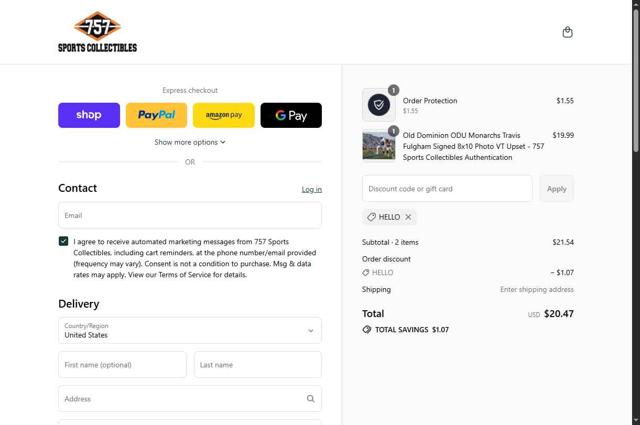757 Sports Collectibles checkout page showing 757 Sports Collectibles promo code box | Screenshot taken by SimplyCodes community member on Sep 8, 2025