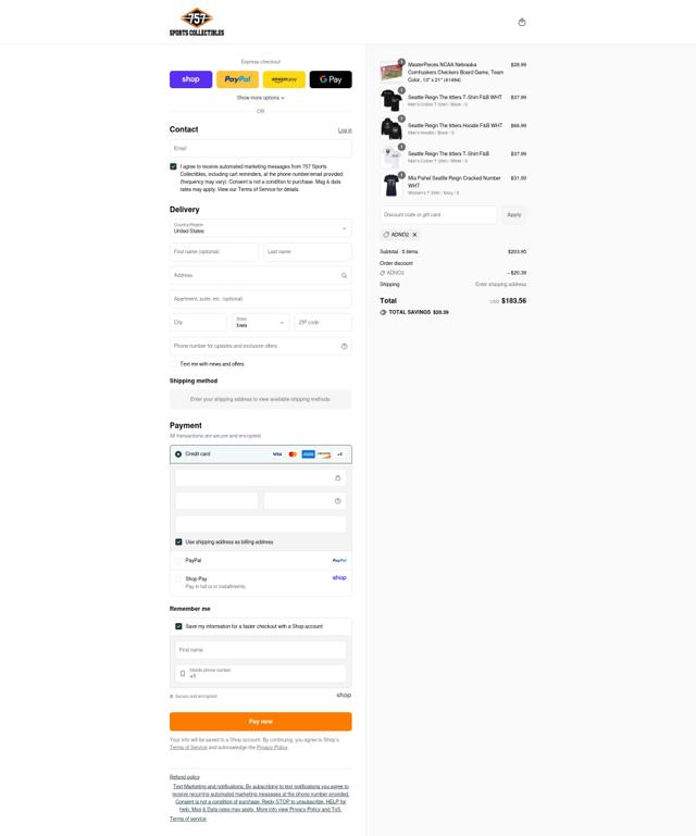 757 Sports Collectibles checkout page showing 757 Sports Collectibles promo code box | Screenshot taken by SimplyCodes community member on Sep 8, 2025