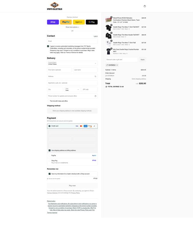 757 Sports Collectibles checkout page showing 757 Sports Collectibles promo code box | Screenshot taken by SimplyCodes community member on Sep 8, 2025