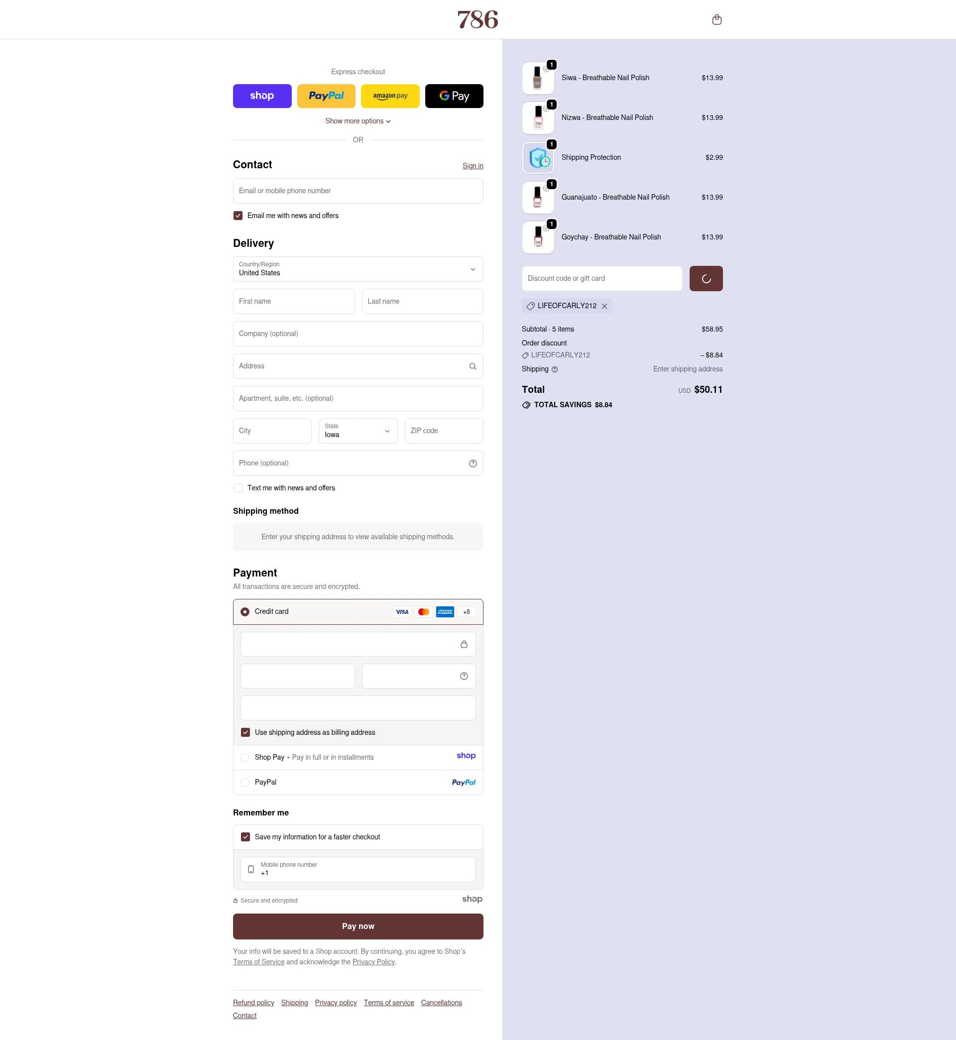 786 Cosmetics checkout page showing 786 Cosmetics discount code box | Screenshot taken by SimplyCodes community member on Dec 20, 2025