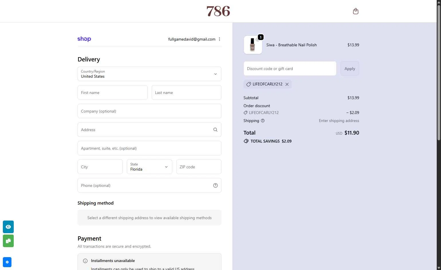 786 Cosmetics checkout page showing 786 Cosmetics discount code box | Screenshot taken by SimplyCodes community member on Dec 18, 2025