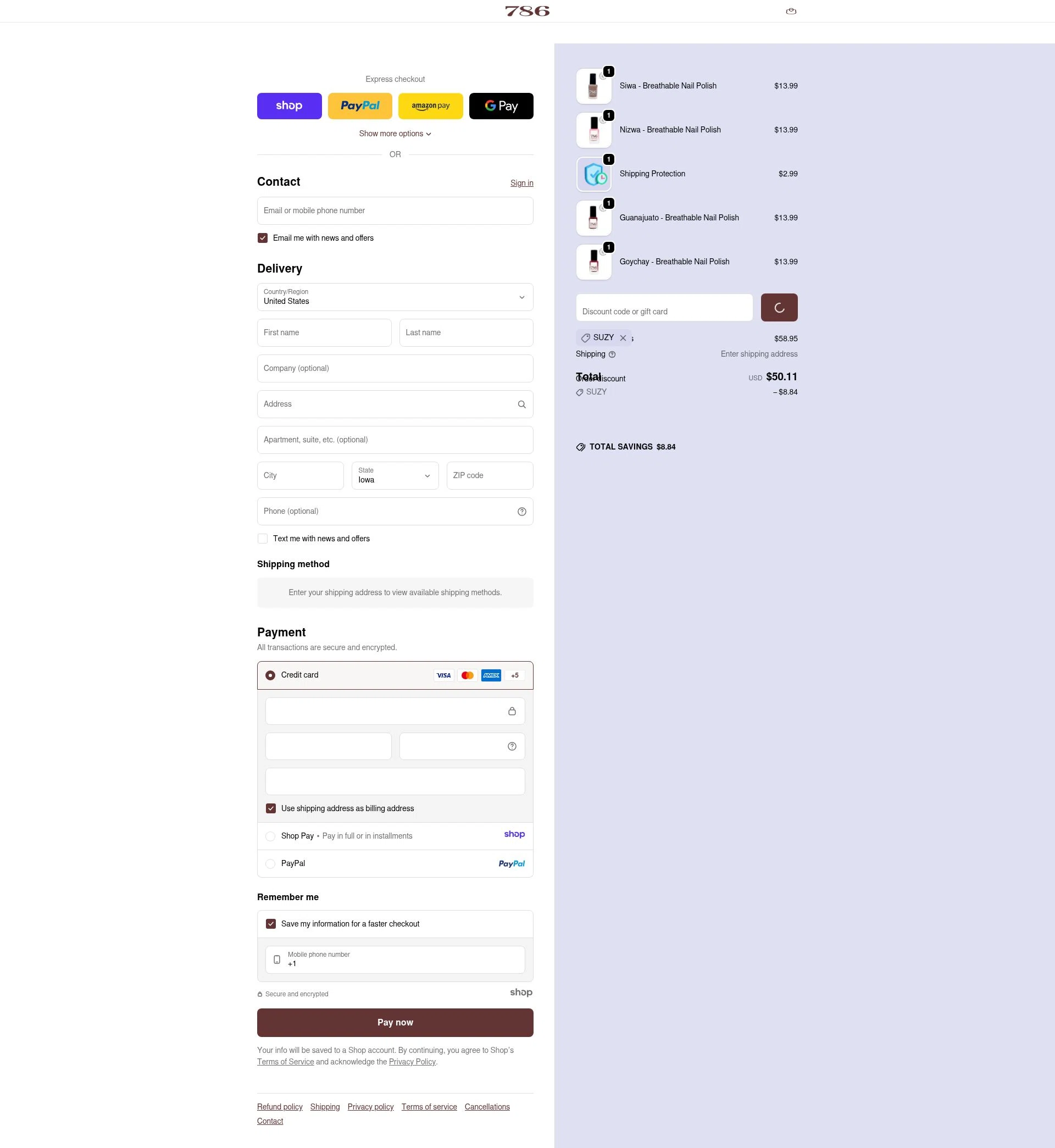 786 Cosmetics checkout page showing 786 Cosmetics discount code box | Screenshot taken by SimplyCodes community member on Dec 20, 2025