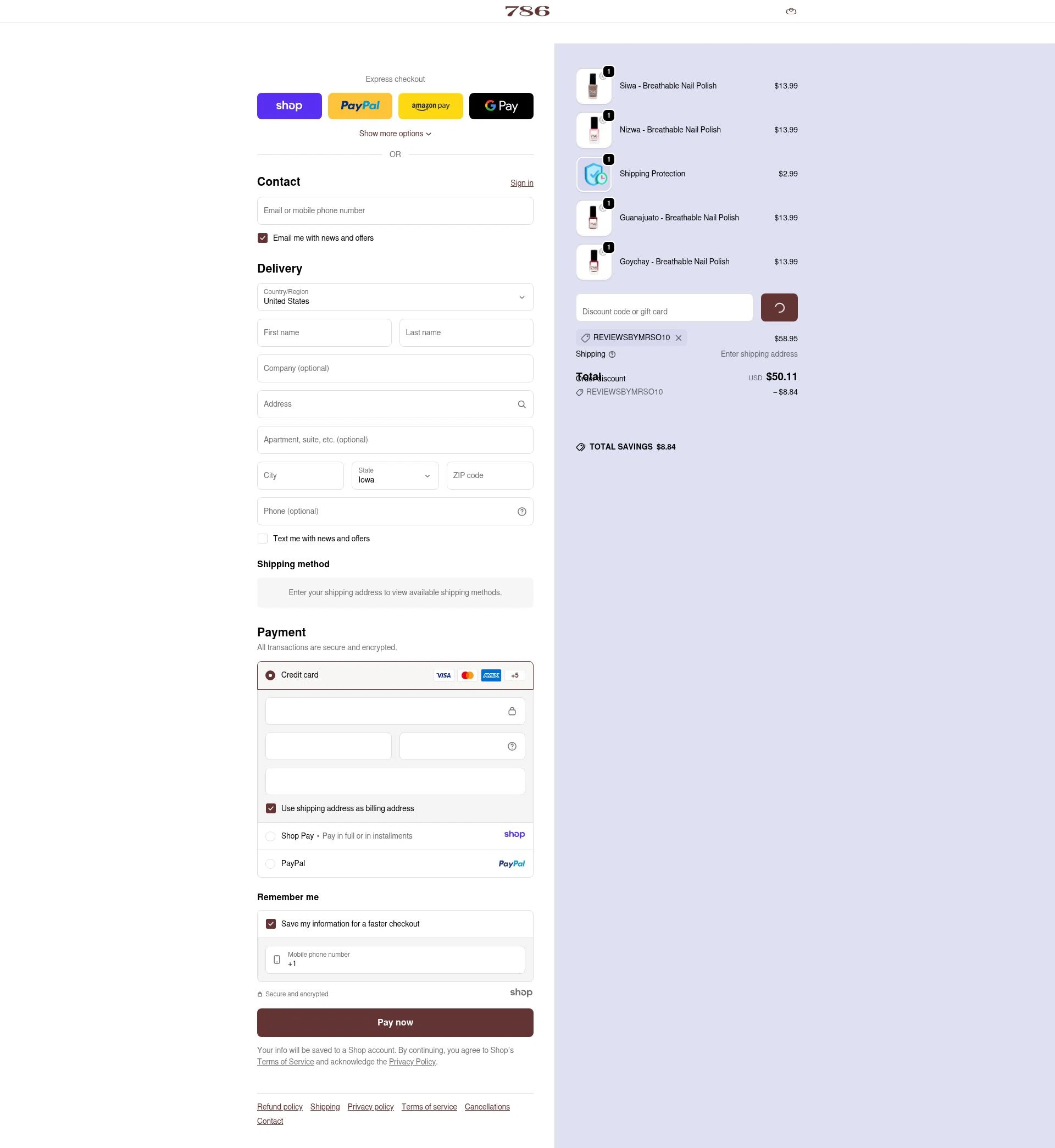 786 Cosmetics checkout page showing 786 Cosmetics discount code box | Screenshot taken by SimplyCodes community member on Dec 20, 2025