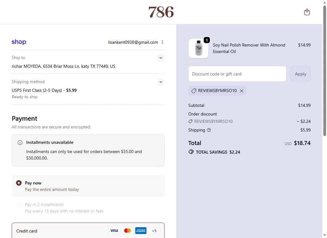 786 Cosmetics checkout page showing 786 Cosmetics discount code box | Screenshot taken by SimplyCodes community member on Dec 18, 2025