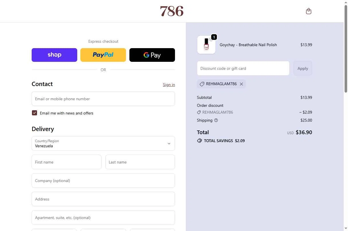 786 Cosmetics checkout page showing 786 Cosmetics discount code box | Screenshot taken by SimplyCodes community member on Dec 18, 2025
