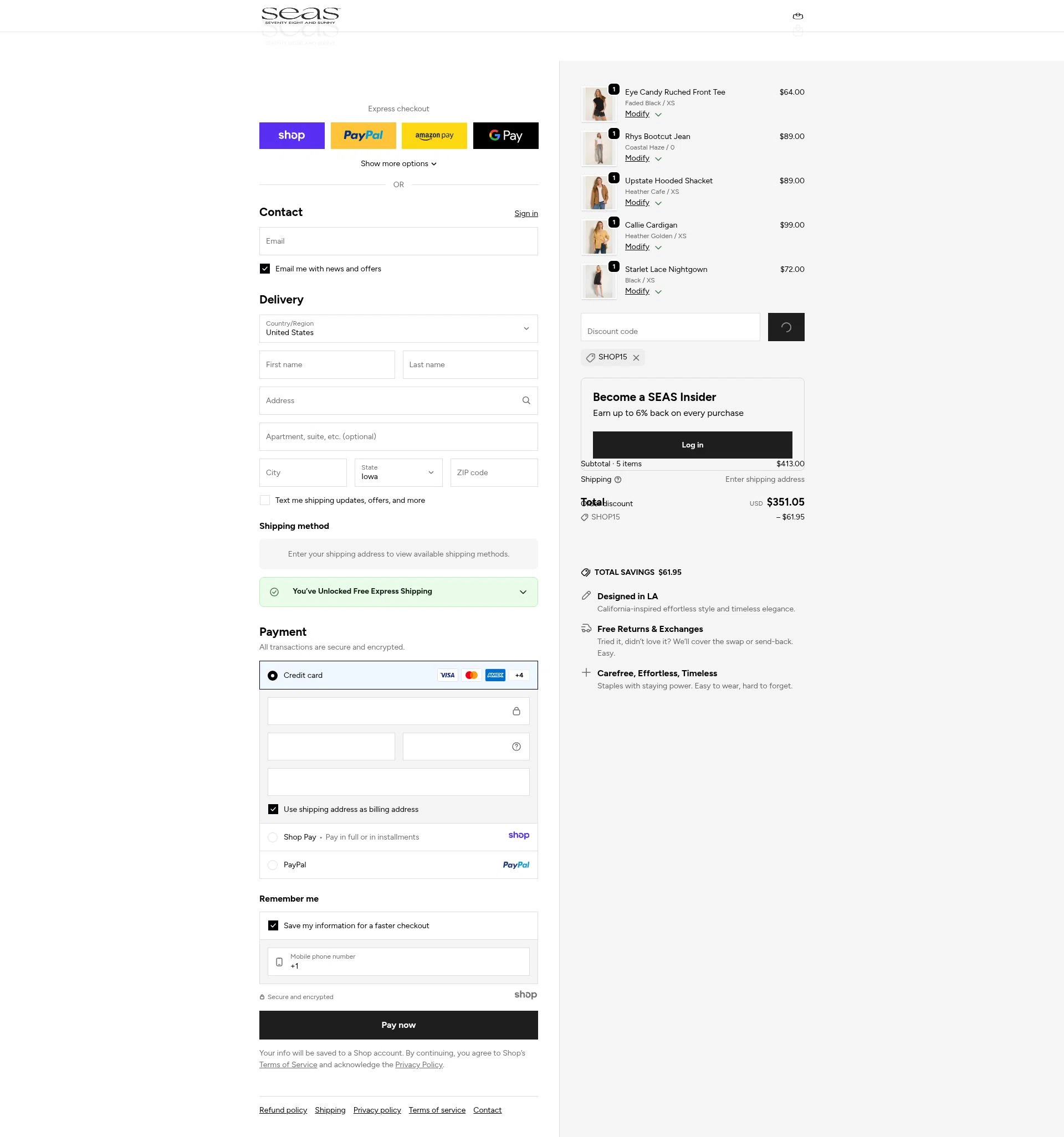 78 & SUNNY checkout page showing 78 & SUNNY promo code box | Screenshot taken by SimplyCodes community member on Dec 27, 2025