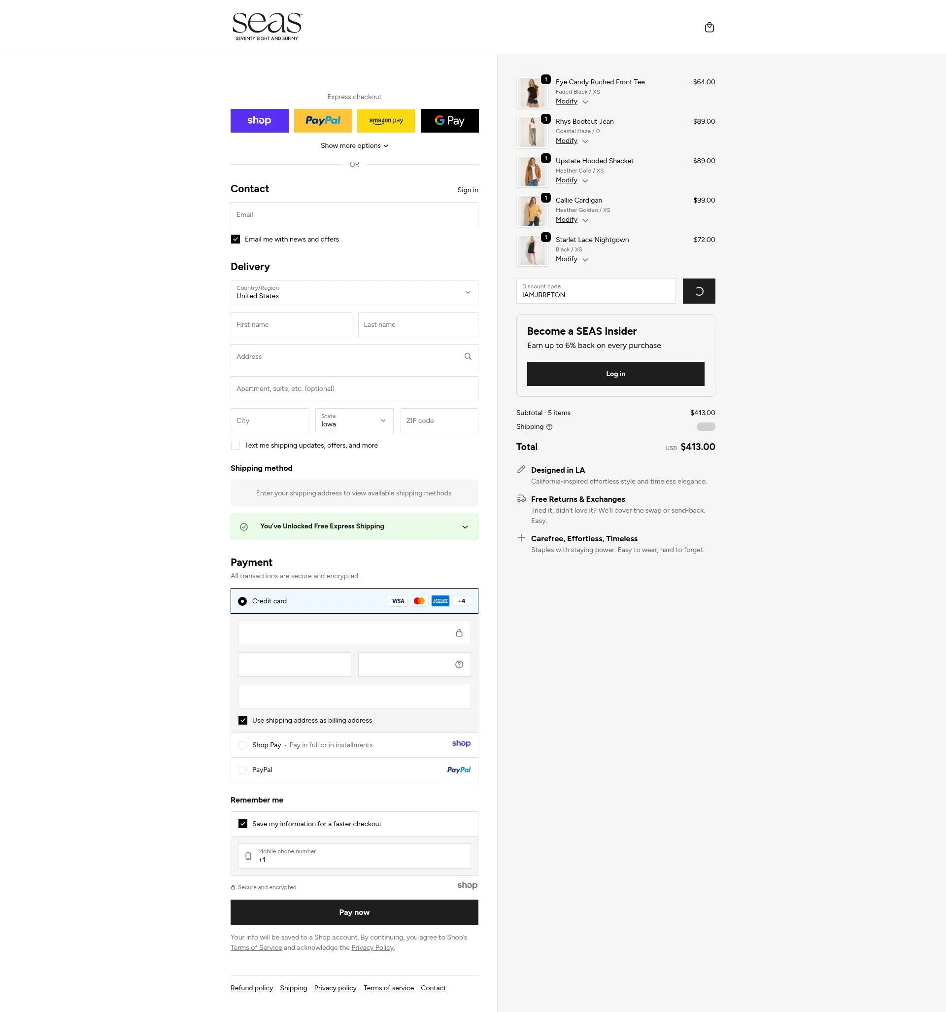 78 & SUNNY checkout page showing 78 & SUNNY promo code box | Screenshot taken by SimplyCodes community member on Dec 27, 2025