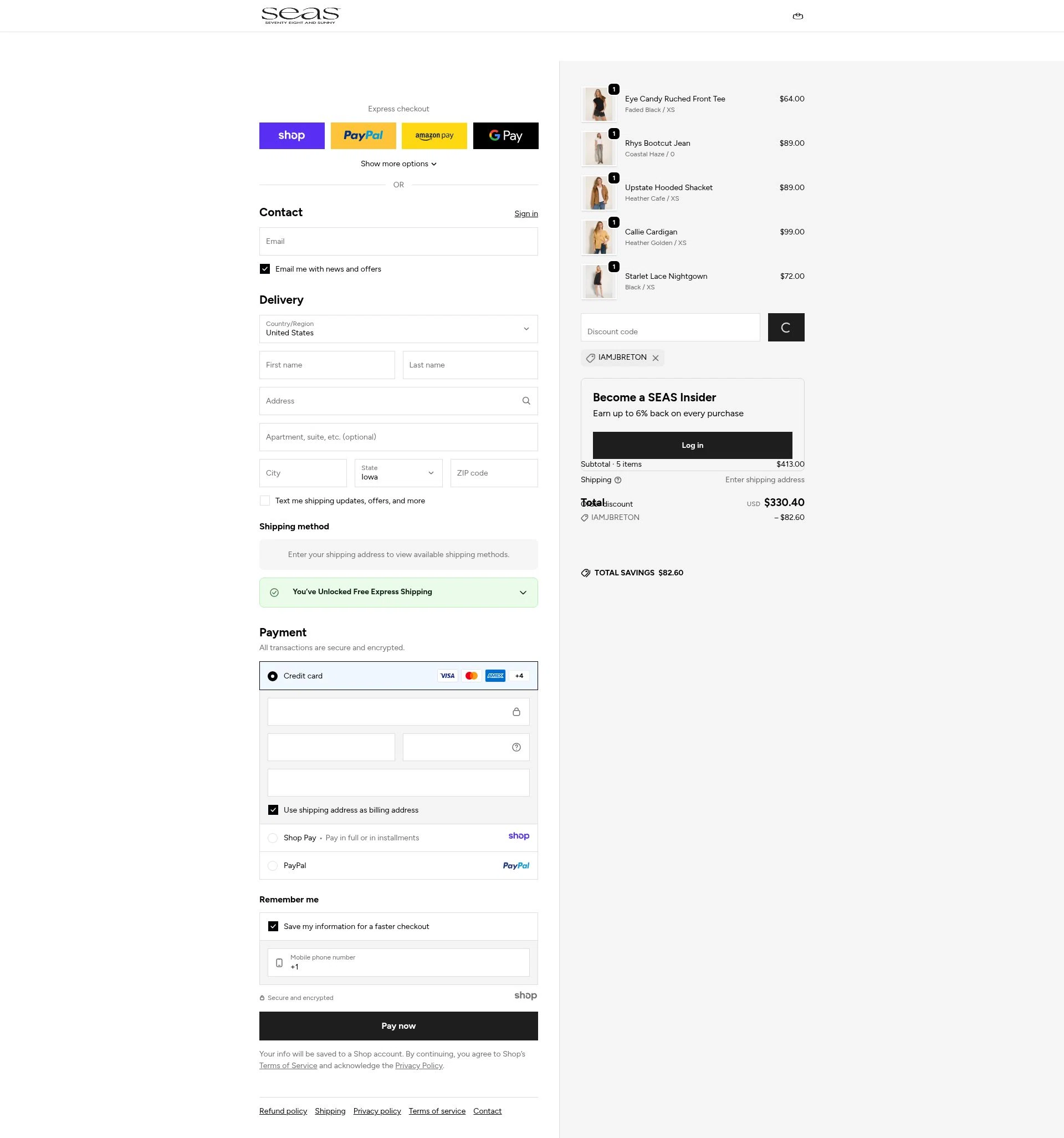 78 & SUNNY checkout page showing 78 & SUNNY promo code box | Screenshot taken by SimplyCodes community member on Jan 1, 2026